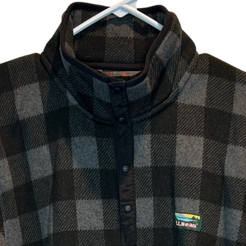 LL Bean‎ Men's Large Sweater Fleece Pullover Buffalo Plaid Charcoal Black Snaps